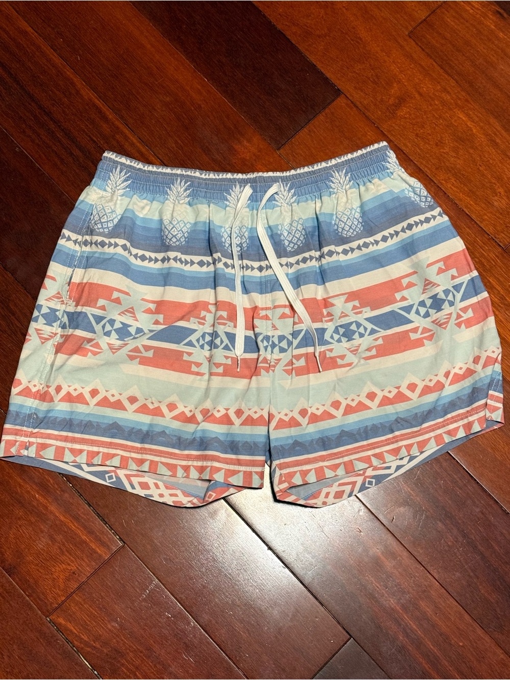 Mens Aztec and Pineapple Drawstring Shorts in Coral & Blue